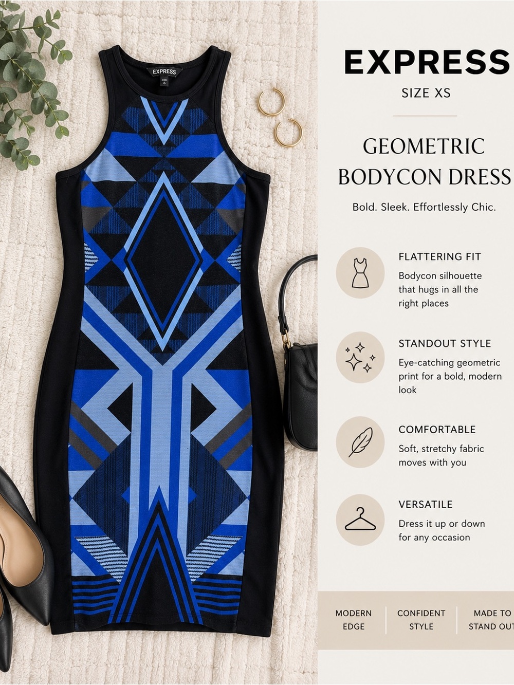 Express Blue and Black Geometric Bodycon Midi Dress